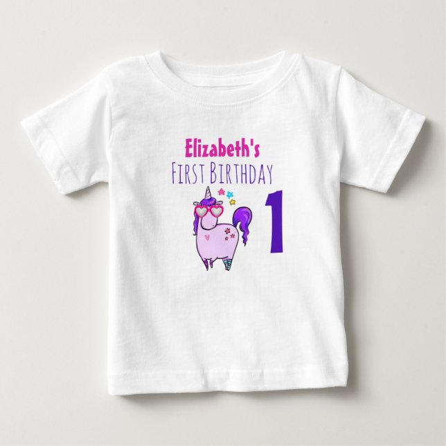 Cute Unicorn in Heart Shaped Glasses 1st Birthday Baby T-Shirt (Front)