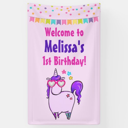 Cute Unicorn in Heart Shaped Glasses 1st Birthday Banner