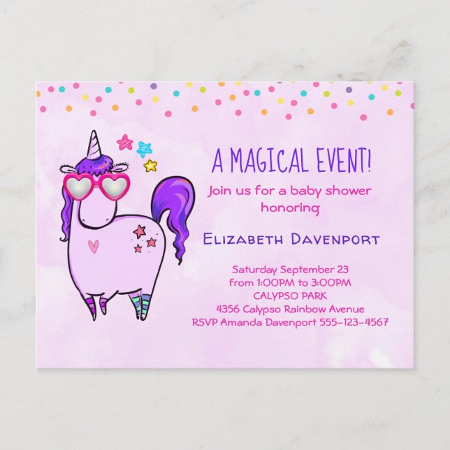 Cute Unicorn in Heart Shaped Glasses Baby Shower Invitation Postcard (Front)