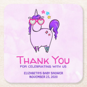 Cute Unicorn in Heart Shaped Glasses Baby Shower Square Paper Coaster