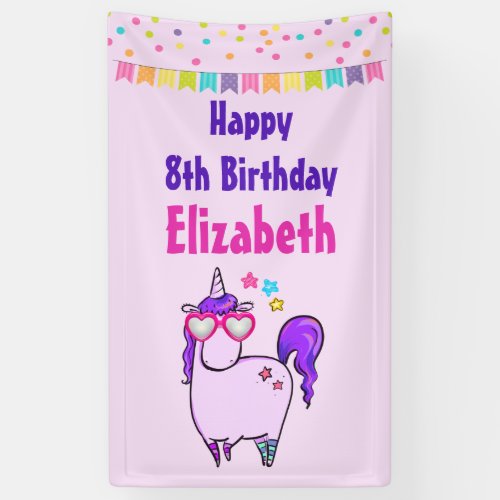 Cute Unicorn in Heart Shaped Glasses Birthday Banner
