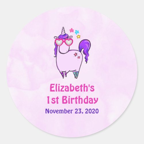 Cute Unicorn in Heart Shaped Glasses Birthday Classic Round Sticker