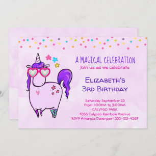 Cute Unicorn in Heart Shaped Glasses Birthday Invitation