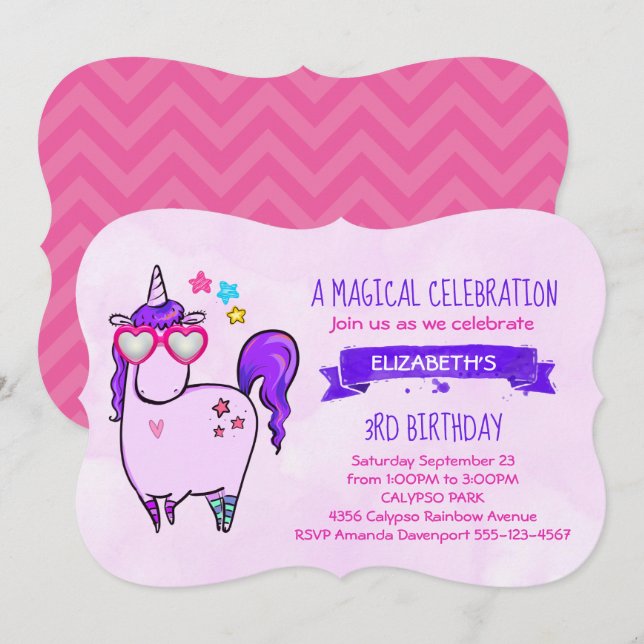 Cute Unicorn in Heart Shaped Glasses Birthday Invitation (Front/Back)