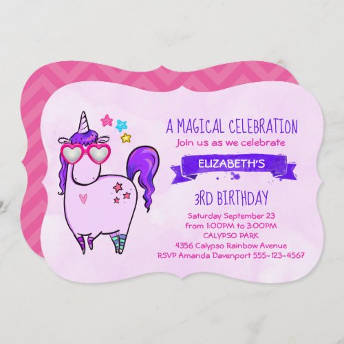 Cute Unicorn in Heart Shaped Glasses Birthday Invitation