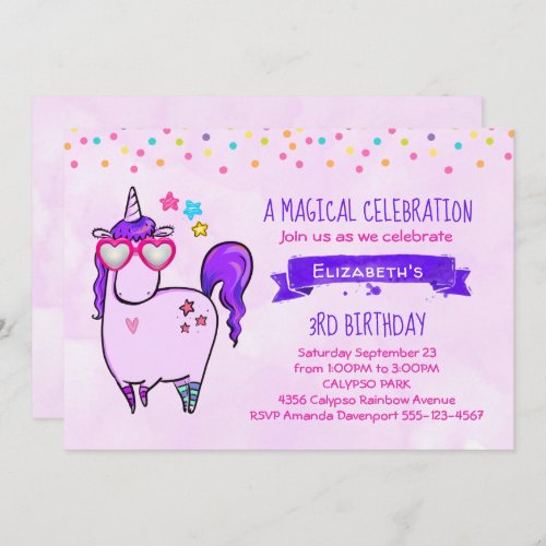 Cute Unicorn in Heart Shaped Glasses Birthday Invitation