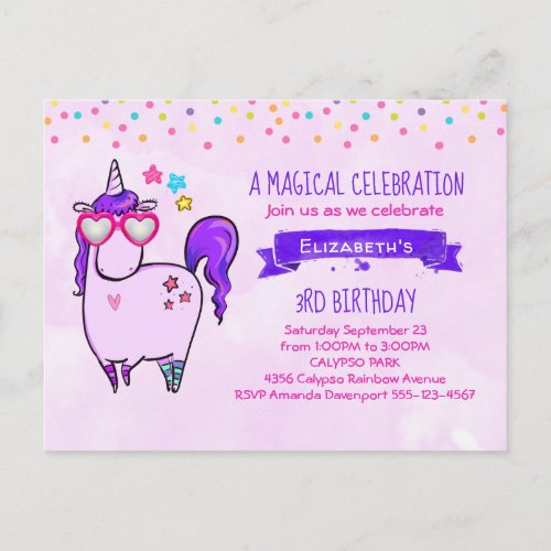 Cute Unicorn in Heart Shaped Glasses Birthday Invitation Postcard