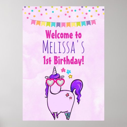 Cute Unicorn in Heart Shaped Glasses Birthday Poster