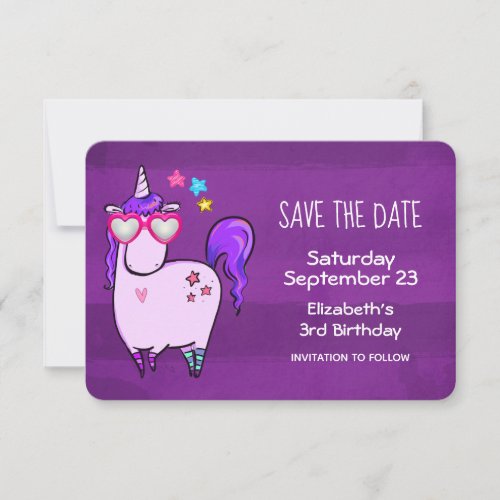 Cute Unicorn in Heart Shaped Glasses Birthday Save The Date