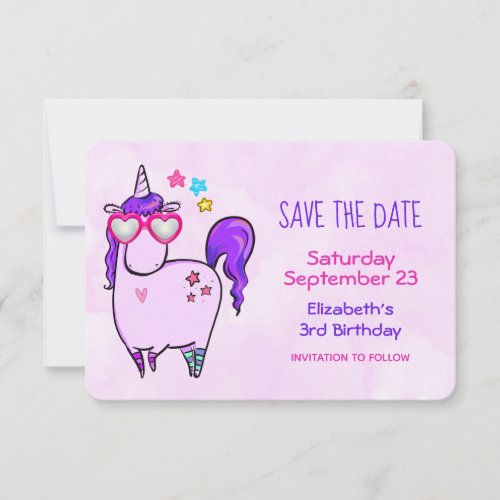 Cute Unicorn in Heart Shaped Glasses Birthday Save The Date