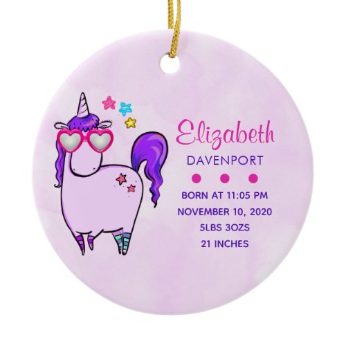 Cute Unicorn in Heart Shaped Glasses Ceramic Ornament