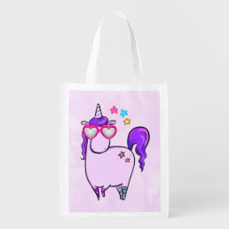 Cute Unicorn in Heart Shaped Glasses Grocery Bag