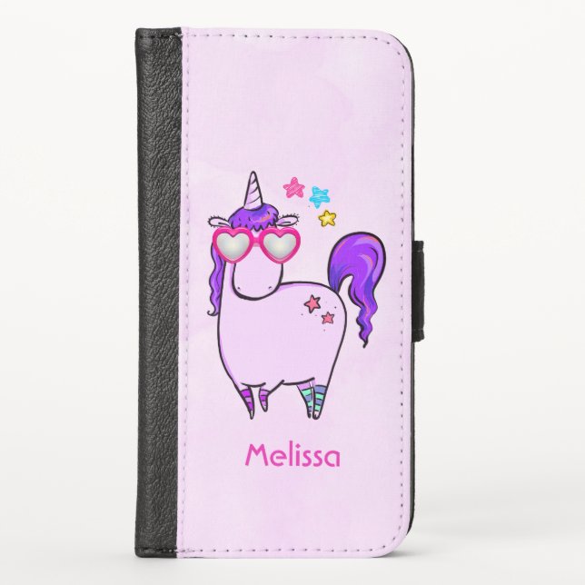 Cute Unicorn in Heart Shaped Glasses iPhone Wallet Case (Front)