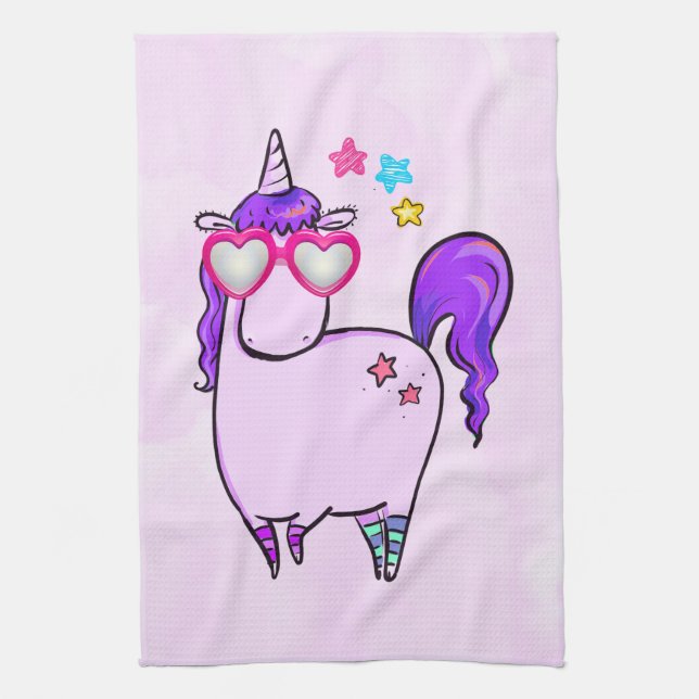 Cute Unicorn in Heart Shaped Glasses Kitchen Towel (Vertical)