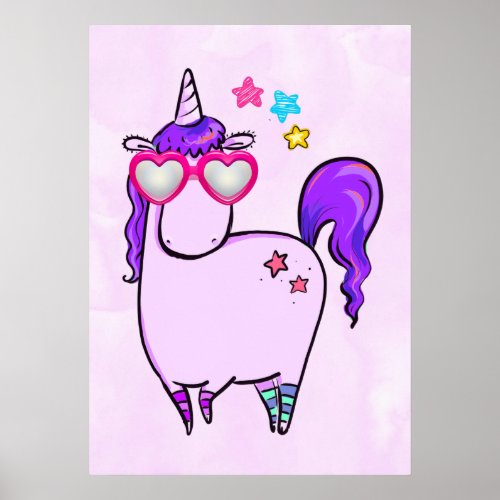 Cute Unicorn in Heart Shaped Glasses Poster