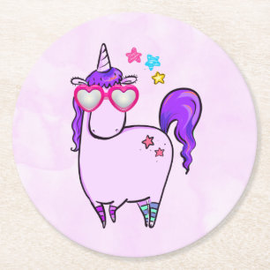 Cute Unicorn in Heart Shaped Glasses Round Paper Coaster