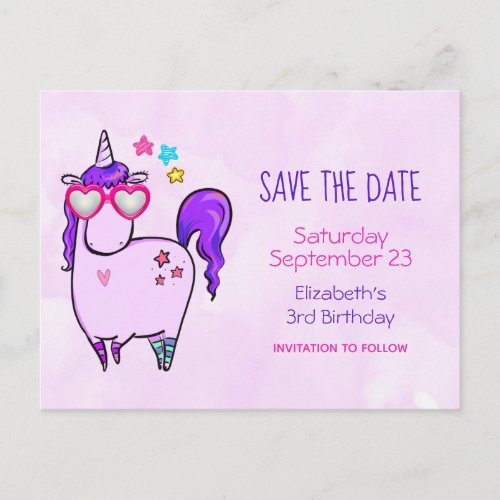Cute Unicorn in Heart Shaped Glasses Save the Date Invitation Postcard