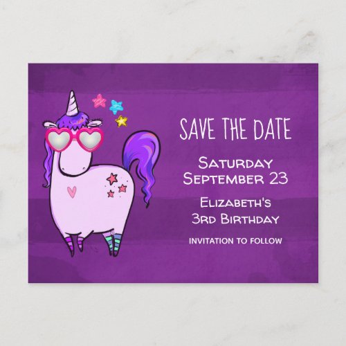 Cute Unicorn in Heart Shaped Glasses Save the Date Invitation Postcard