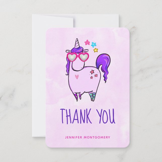 Cute Unicorn in Heart Shaped Glasses Thank You Card (Front)