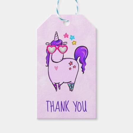 Cute Unicorn In Heart Shaped Glasses Thank You Gift Tags