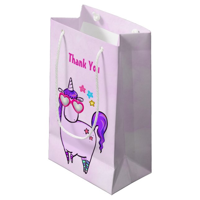 Cute Unicorn in Heart Shaped Glasses Thank You Small Gift Bag (Front Angled)