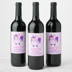 Cute Unicorn in Heart Shaped Glasses Thank You Wine Label