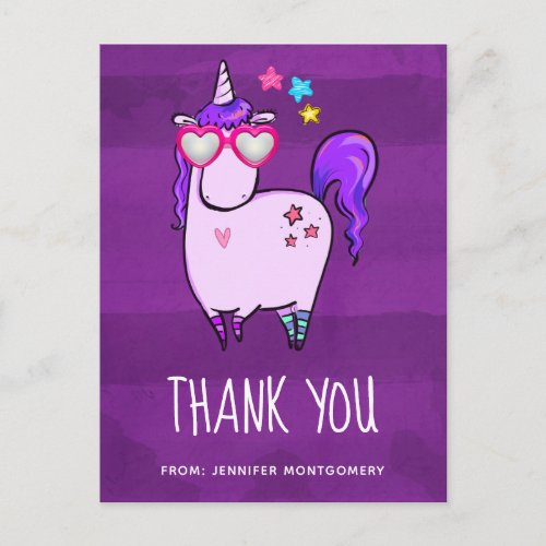 Cute Unicorn in Heart Shaped GlassesThank You Postcard