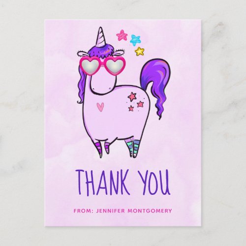 Cute Unicorn in Heart Shaped GlassesThank You Postcard