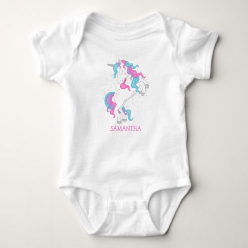 Cute unicorn in pink and blue with silver glitter baby bodysuit