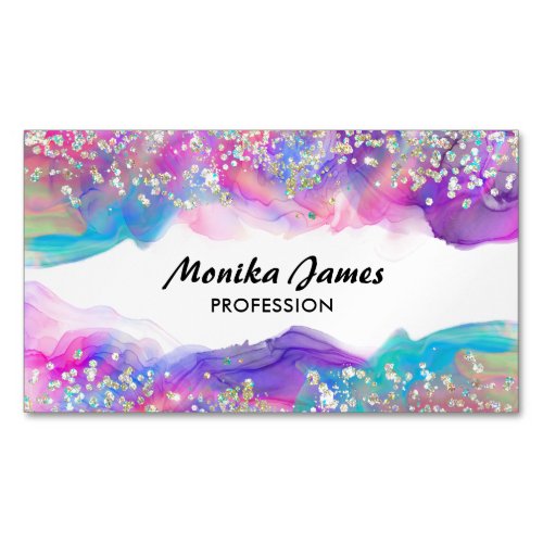 Cute Unicorn Ink Holographic Faux Glitter Monogram Business Card Magnet