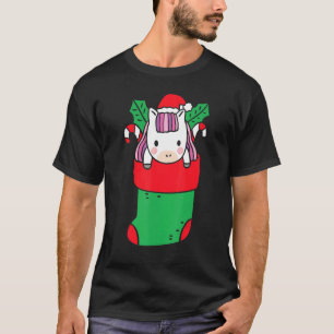 Cute Unicorn Inside Christmas Sock With Candy Cane T-Shirt