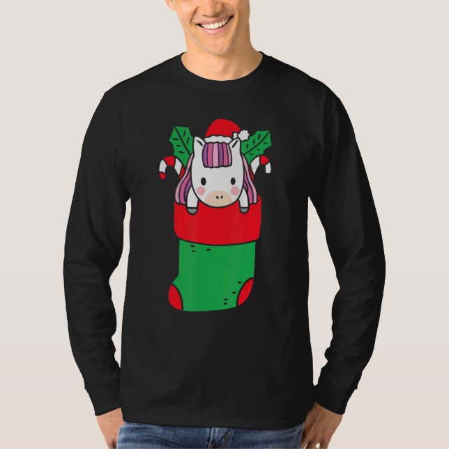 Cute Unicorn Inside Christmas Sock With Candy Cane T-Shirt (Front)