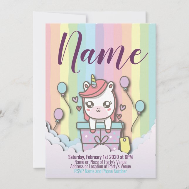 Cute Unicorn Invitation  Rainbow Birthday Template (Front)