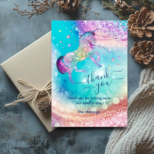 Cute unicorn iridescent glitter girly thank you  card (Creator Uploaded)