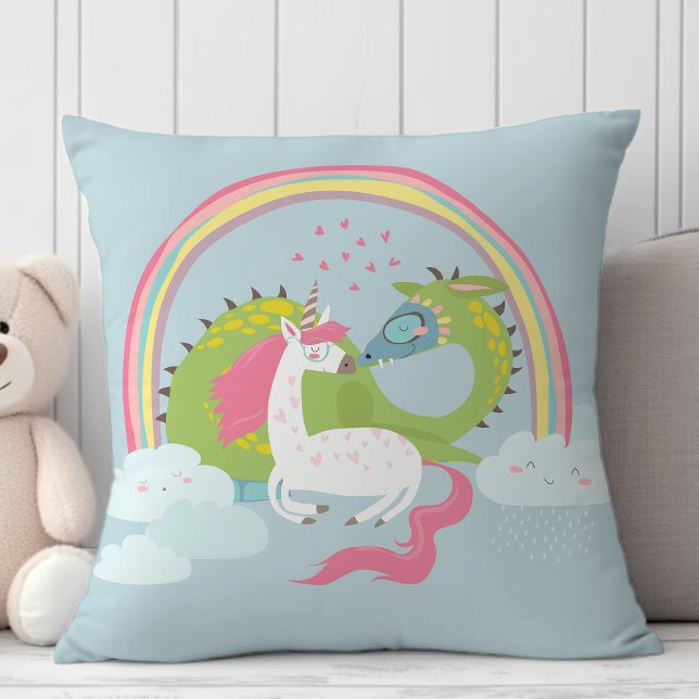 Cute Unicorn Kissing A Dragon Under Rainbow Throw Pillow (Creator Uploaded)