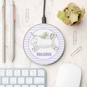 Cute Unicorn - Lavender Striped Kids  Wireless Charger