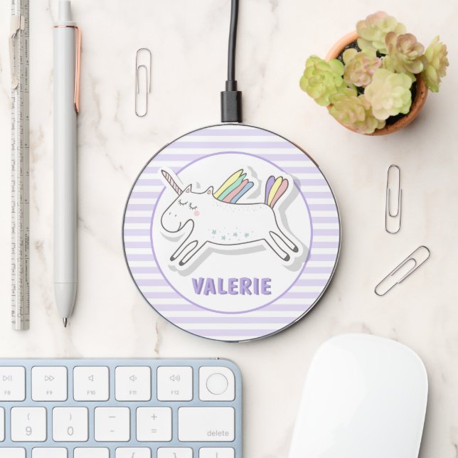 Cute Unicorn - Lavender Striped Kids  Wireless Charger (Desk)
