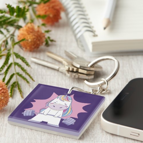 Cute unicorn lifting weights design keychain