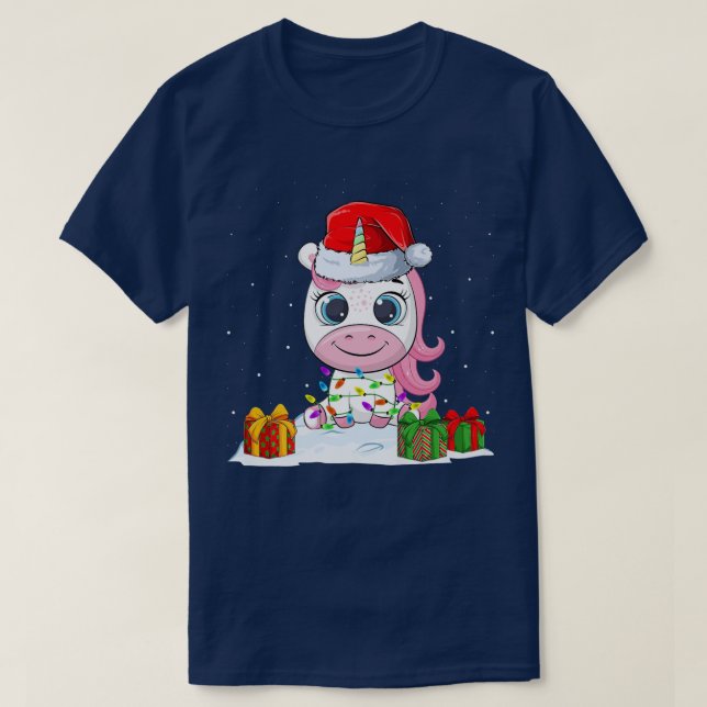 Cute Unicorn Lover Xmas Lights Santa Unicorn Chris T-Shirt (Design Front)