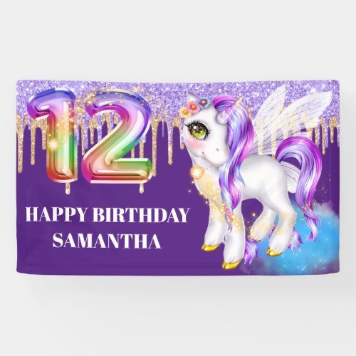 Cute unicorn magic glitter 12th birthday girls banner