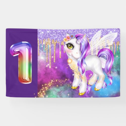 Cute unicorn magic glitter 1st birthday space banner