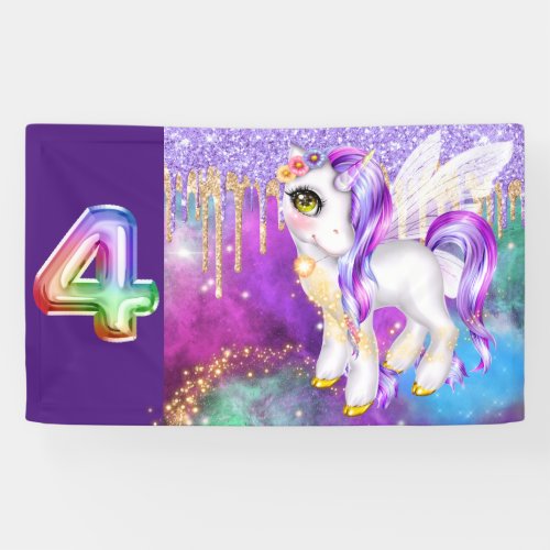 Cute unicorn magic glitter 4th birthday space banner
