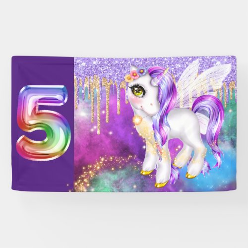 Cute unicorn magic glitter 5th birthday space banner