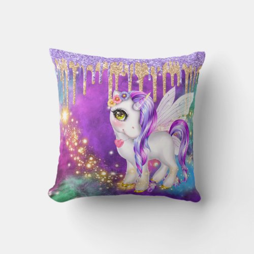 Cute unicorn magic glitter galaxy sparkle girls throw pillow