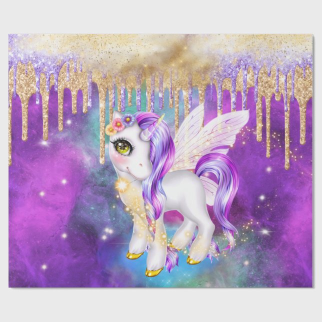 Cute unicorn magic glitter pony sparkle girls wrapping paper (Flat)