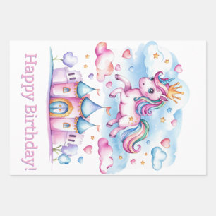 Cute Unicorn Magical Castle Girl Birthday Wrapping Paper Sheets