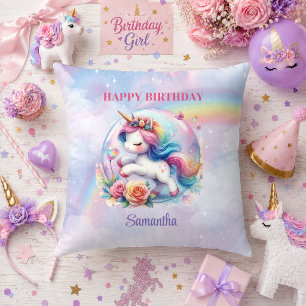 Cute Unicorn Magical Day Girl Birthday Pillow Desi