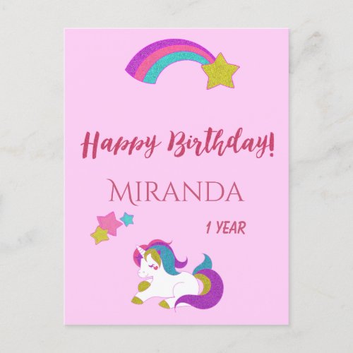 Cute unicorn magical day happy 1st birthday postcard