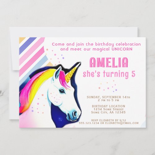 Cute Unicorn Magical Girl Birthday Invitation