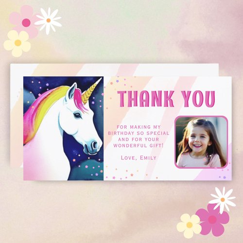 Cute Unicorn Magical Girl Birthday Photo Thank You Card